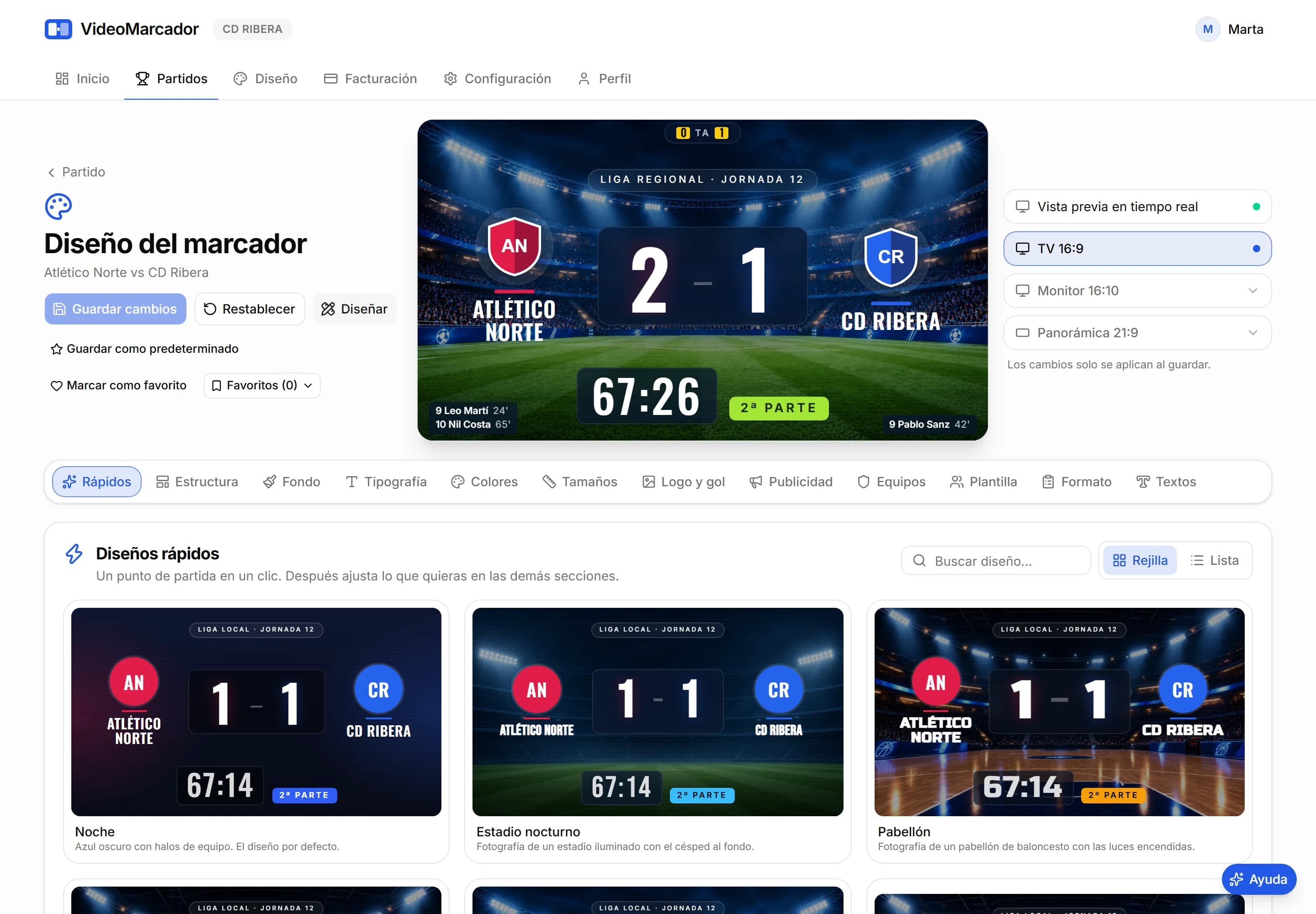 Editor de diseño de VideoMarcador con la vista previa del marcador y la galería de diseños rápidos con fotografías de estadios