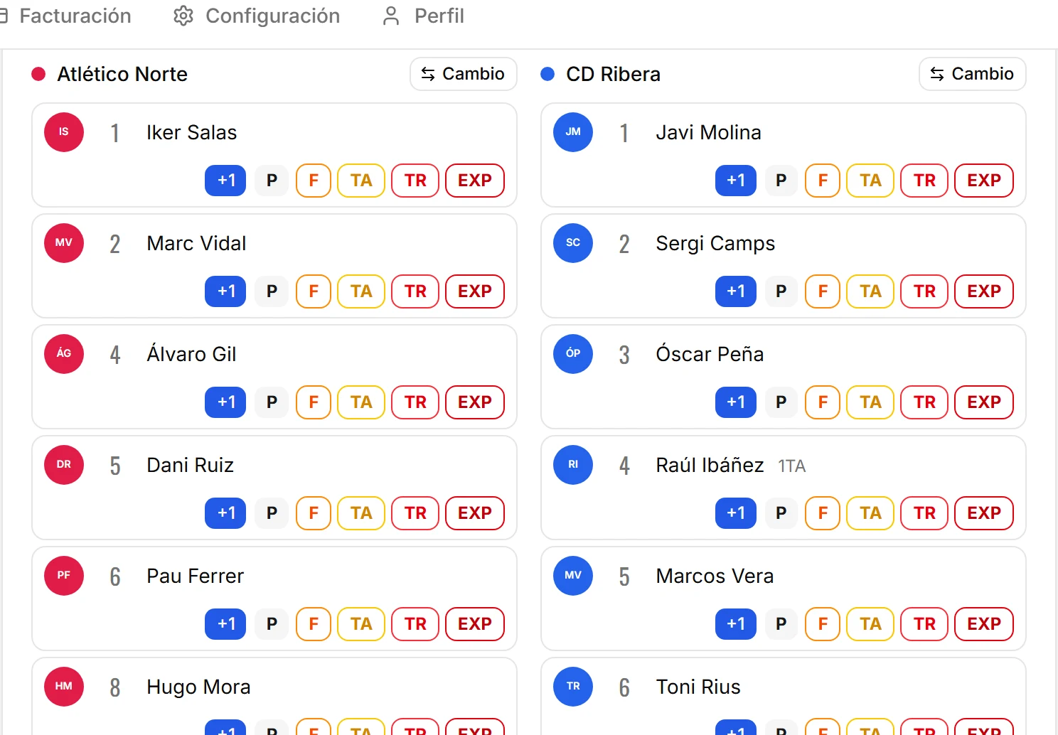 Bloque de jugadores del panel de control con los botones de gol, penalti, falta, tarjetas, expulsión y cambio por jugador